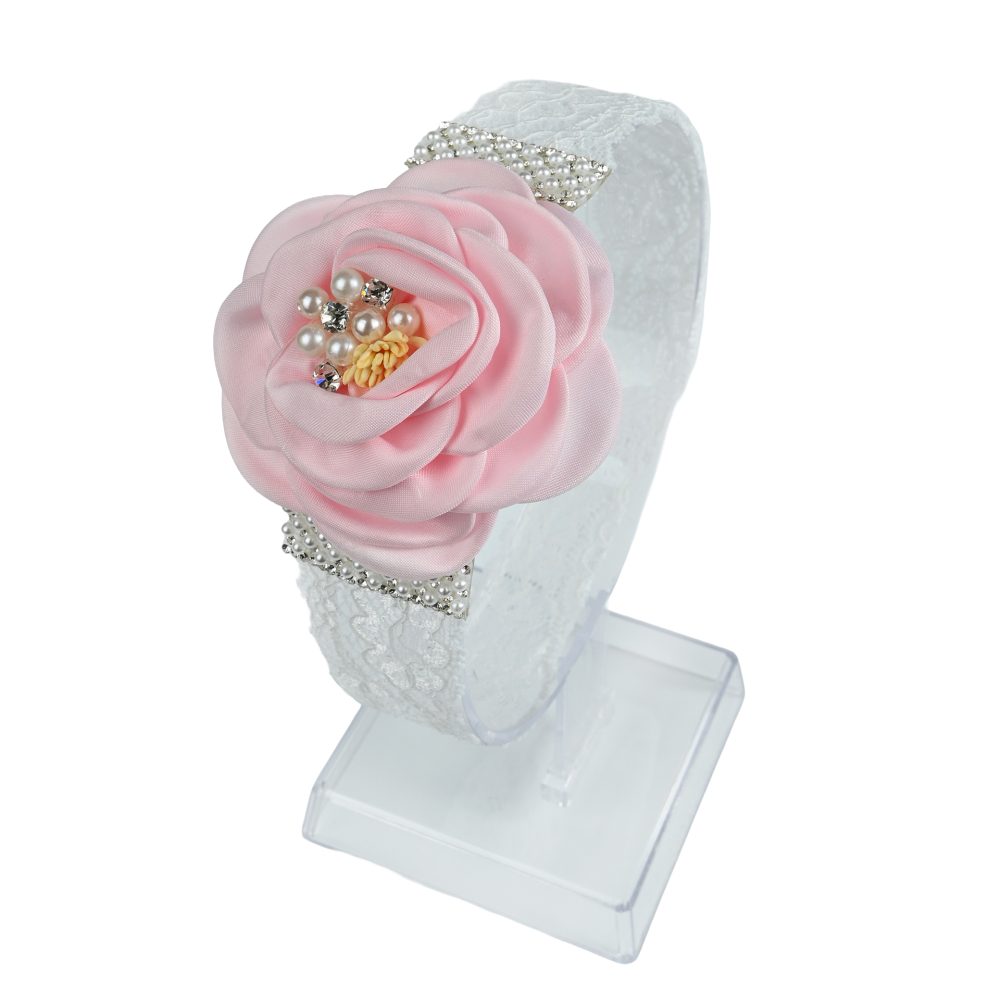 Κορδέλα λευκή ροζ λουλούδι στρας