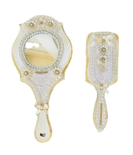 Καθρέφτης βουρτσα ιβουάρ λουλουδάκια στρας