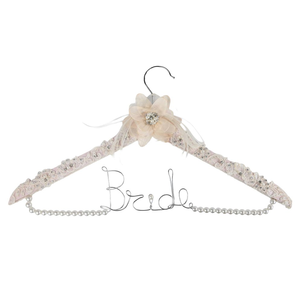 Κρεμάστρα νυφική ροζ δαντέλα λουλούδι